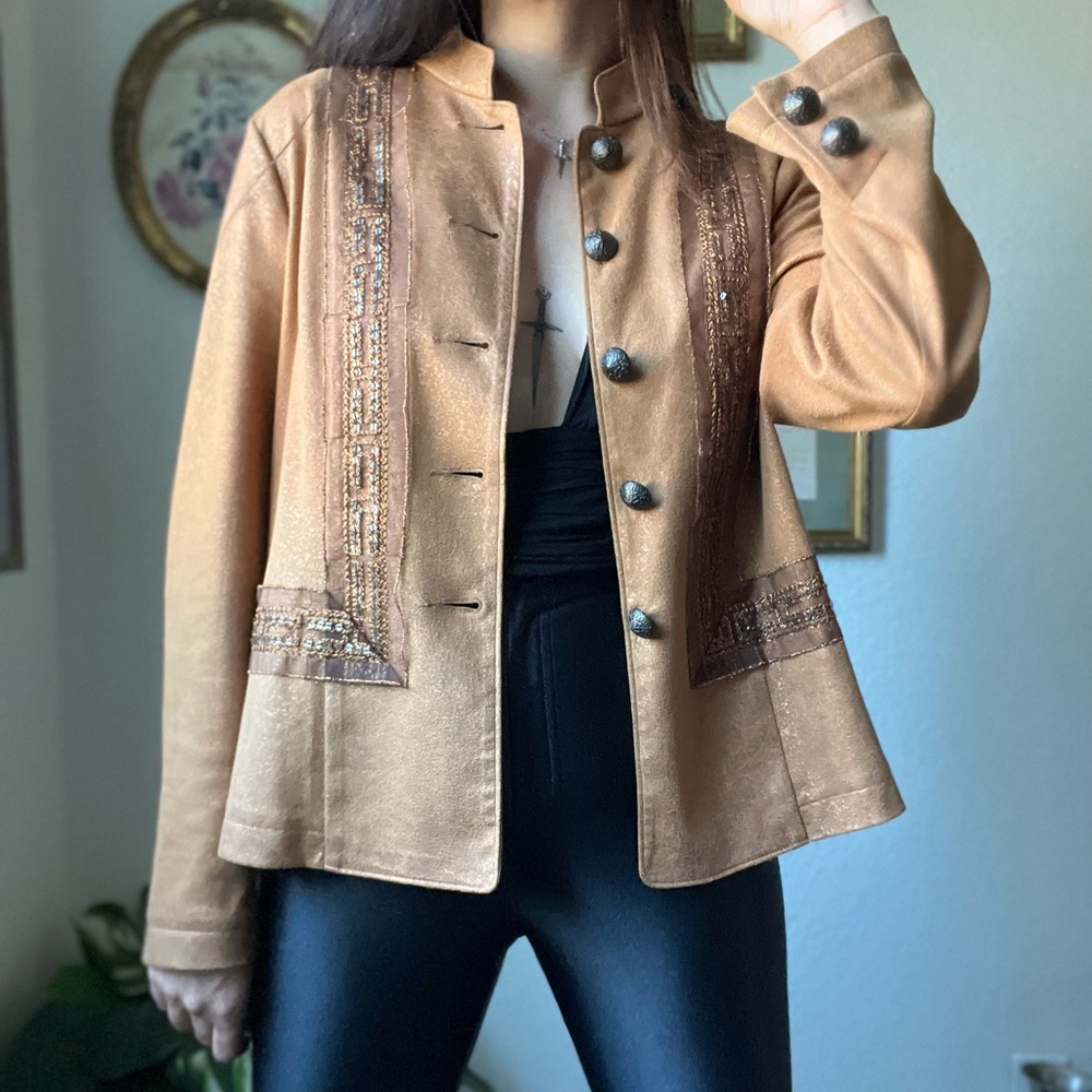 Classic Women's Metallic Tan Jacket with Embellished Trim
